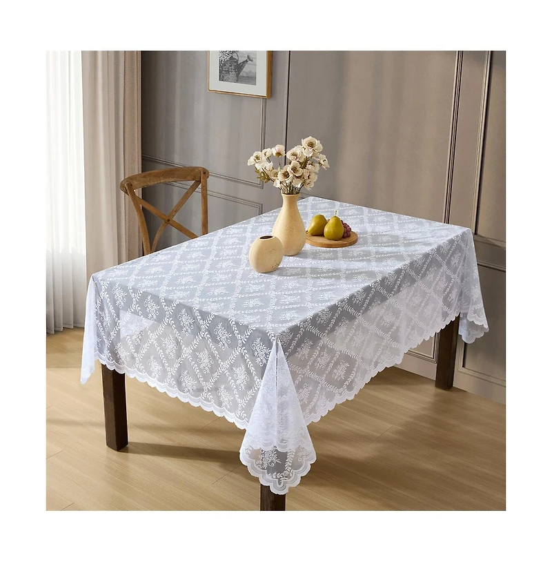 Hlc.me Isabella Floral Lace Fabric Tablecloth, Lace Fabric Table Cloth for Rectangle Tables, Wrinkle Resistant Tablecloth