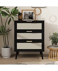 3 Drawer Storage Cabinet Rattan Dressers Chest of Drawers Entryway Cabinet Fluted Nightstand Bedside Table Dresser for Bedroom Living Room, Black