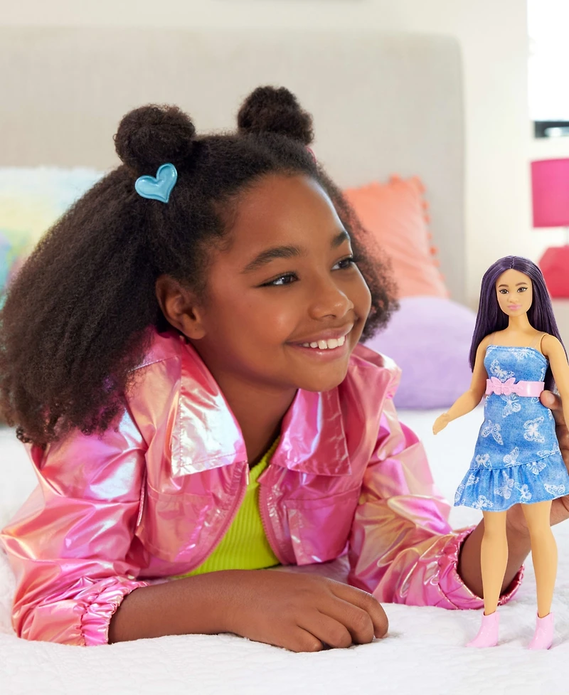 Barbie Fashionistas Doll 231 in Denim Butterfly Dress with Pink Belt, Purple Hair