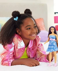 Barbie Fashionistas Doll 231 in Denim Butterfly Dress with Pink Belt, Purple Hair