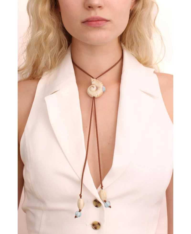 Brown Suede Cord Necklace With Cermaic Seashell Tie Charm