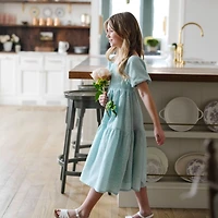 Hope & Henry Girls' Linen Smocked Short Bubble Sleeve Dress, Kids
