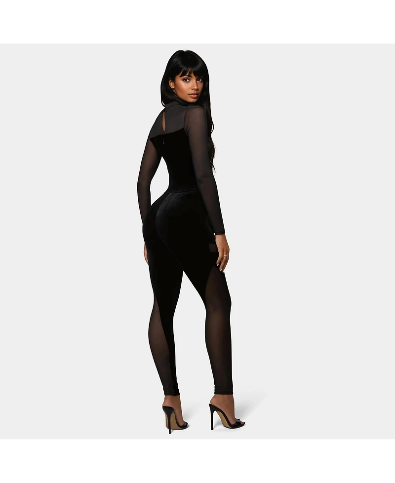 Bebe Women's Bebe X Ciara Combo Velour And Mesh Catsuit