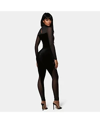 Bebe Women's Bebe X Ciara Combo Velour And Mesh Catsuit