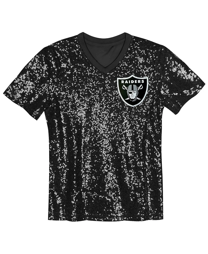 Outerstuff Big Girls Black Las Vegas Raider's Wordmark Sequin V-Neck Top