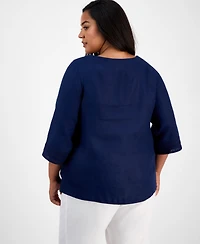 Charter Club Plus Size Ladder-Trim Linen Top, Exclusively at Macy's