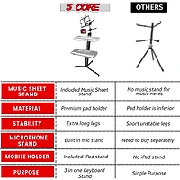 5 Core 2 Tier Column Keyboard Stand Riser Piano Holder Heavy Duty Aluminium Built Attached Adjustable Music & Mic Stands Height 51.2 Inch for 61 76 88