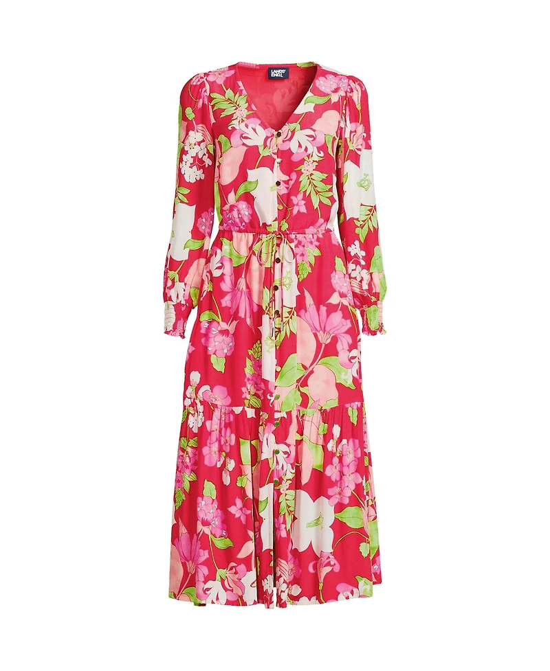 Lands' End Women's Crepe Button Front Long Sleeve Midi Dress