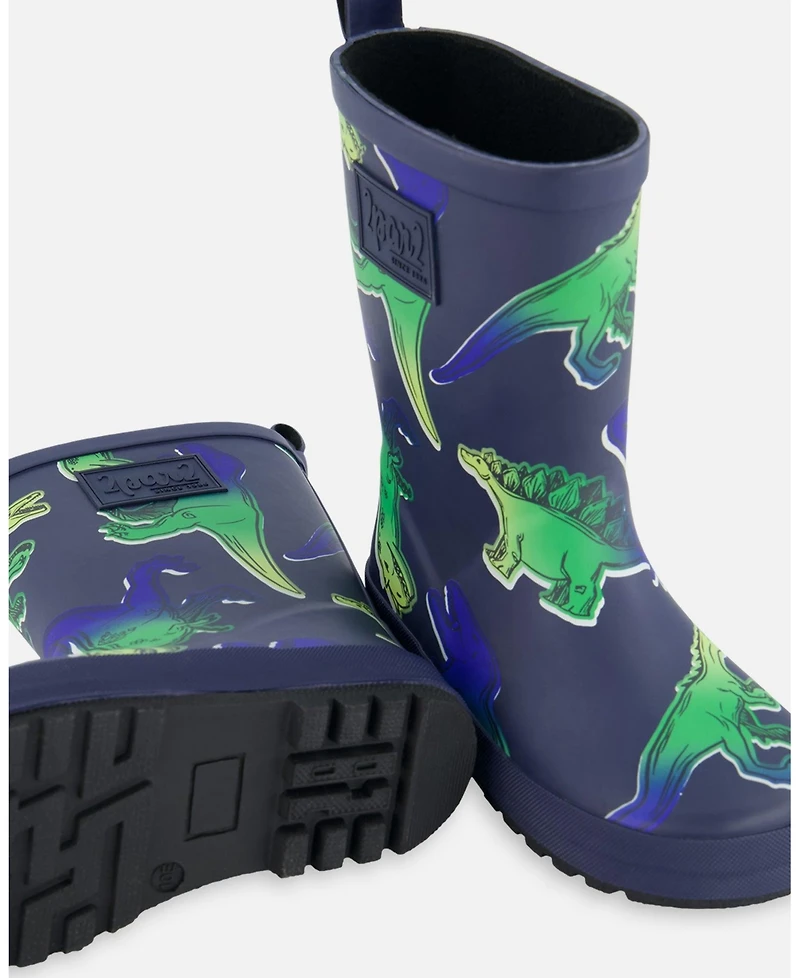 Deux par Little Boys Printed Rain Boots Blue And Green Dino On Navy