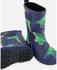 Deux par Little Boys Printed Rain Boots Blue And Green Dino On Navy