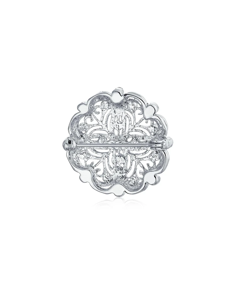 Bling Jewelry Floral Heart Filigree Cz Brooch Pin Silver Brass