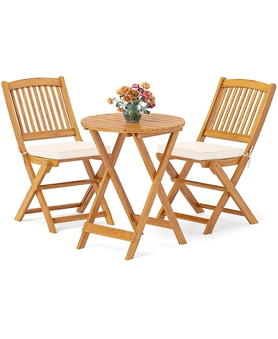 3 Pcs Acacia Wood Patio Bistro Set Folding Table & Chairs with Cushions