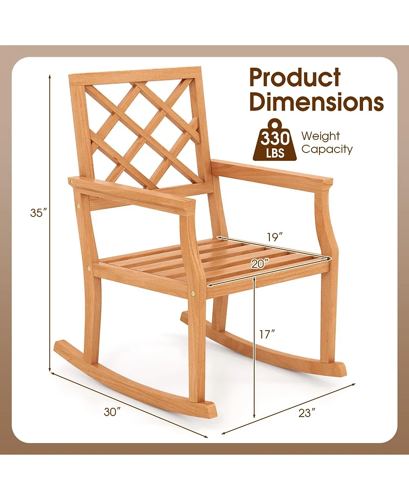 Teak Wood Rocking Chair Oversized Porch Rocker with Backrest and Slatted Seat