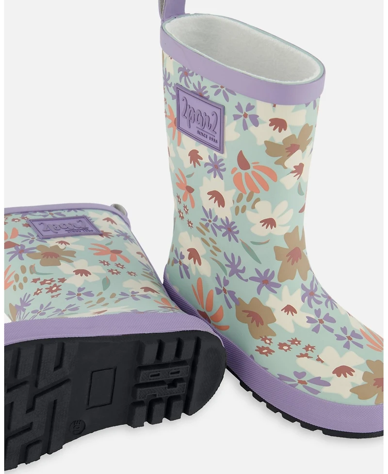 Deux par Deux Girl Printed Rain Boots Small White Flowers On Turquoise And Lilac - Toddler|Child