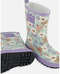 Deux par Deux Girl Printed Rain Boots Small White Flowers On Turquoise And Lilac - Toddler|Child