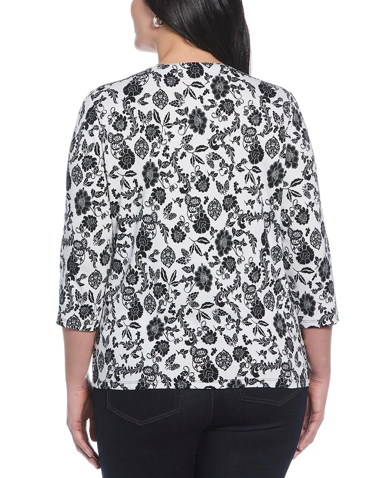 Rafaella Plus Size Floral Print Lace Up 3/4 Sleeve Top