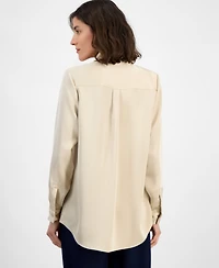 Tahari Asl Women's Satin Long-Sleeve Button-Front Blouse
