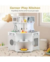 Kids Corner Wooden Play Kitchen with Range Hood and Stoves-Gray