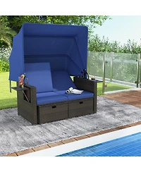 Outdoor Patio Rattan Daybed with Retractable Canopy and Adjustable Backrests