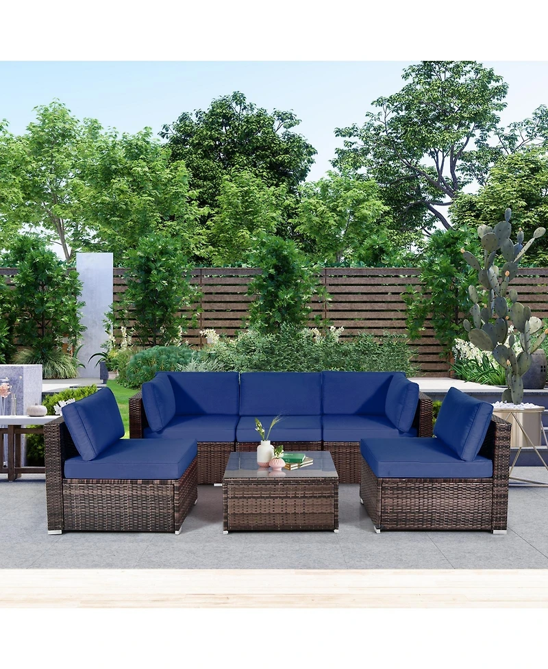 6 Pieces Patio Rattan Furniture Set with Cushions and Glass Coffee Table