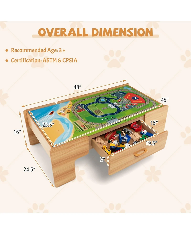 Kids Double-Sided Wooden Train Table Playset with Storage Drawer