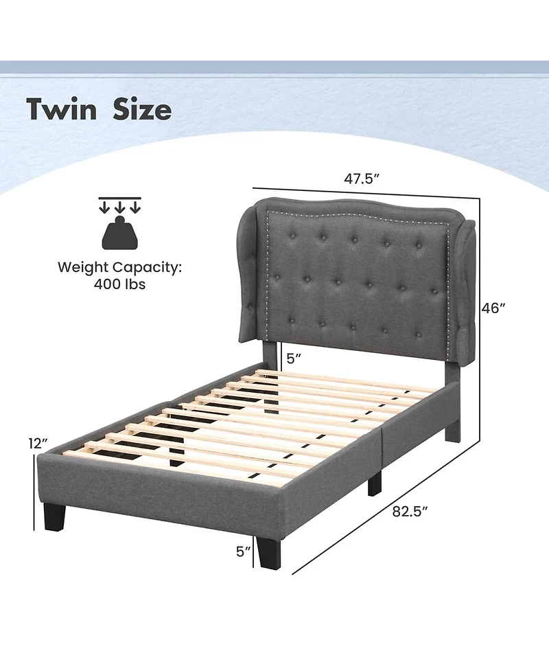 Twin Size Bed Frame with Button Tufted Wingback Headboard Wooden Slats Support