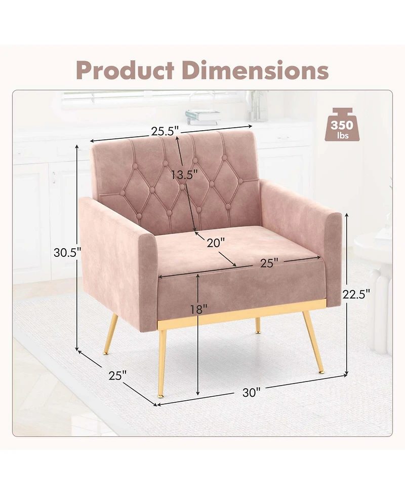 Modern Velvet Accent Chair with Button Tufted Back Golden Metal Legs & Foot Pads