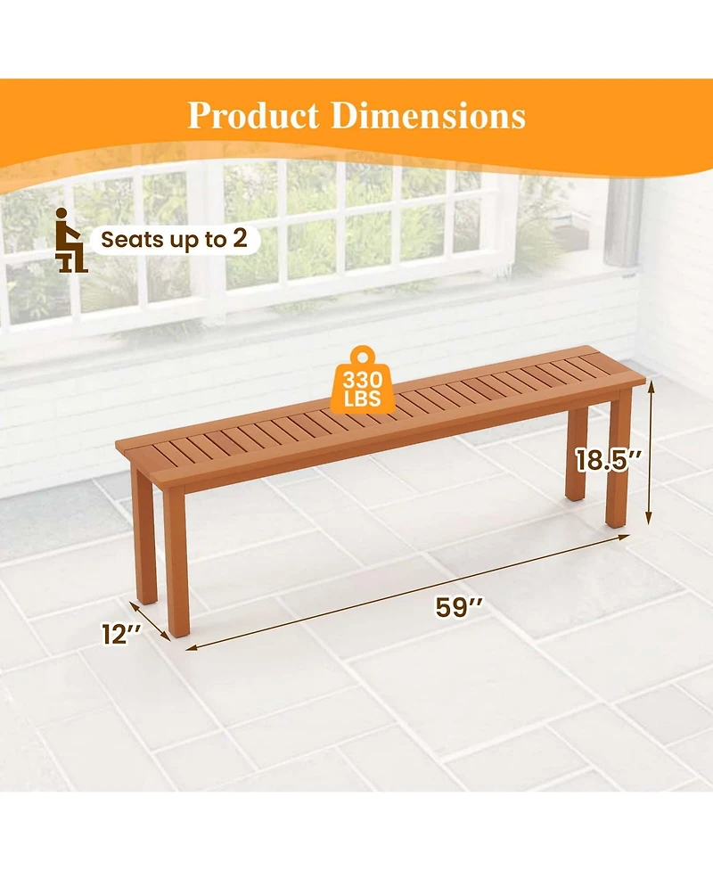 59" Long Patio Dining Bench with Teak Oil Finish & Slat Seat Accent Entryway Bench
