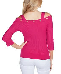 Belldini Women's Rhinestone Grommet Cold-Shoulder Sweater