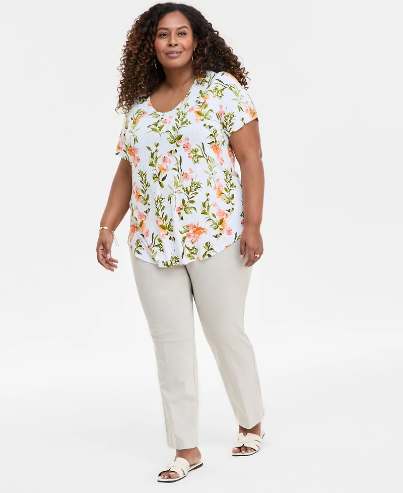 Jm Collection Plus Printed Scoop-Neck Top