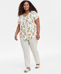 Jm Collection Plus Printed Scoop-Neck Top
