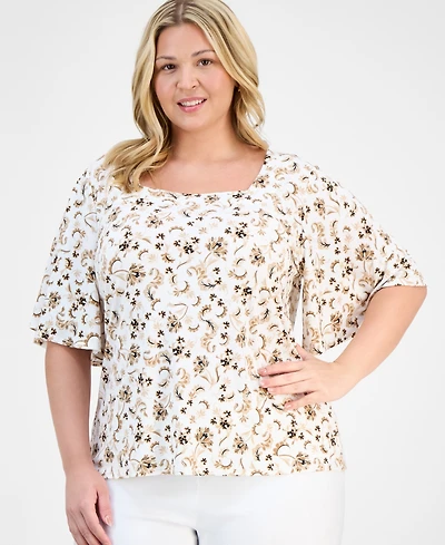 Jm Collection Plus Printed Flutter-Sleeve Top, Exclusively at Macy's