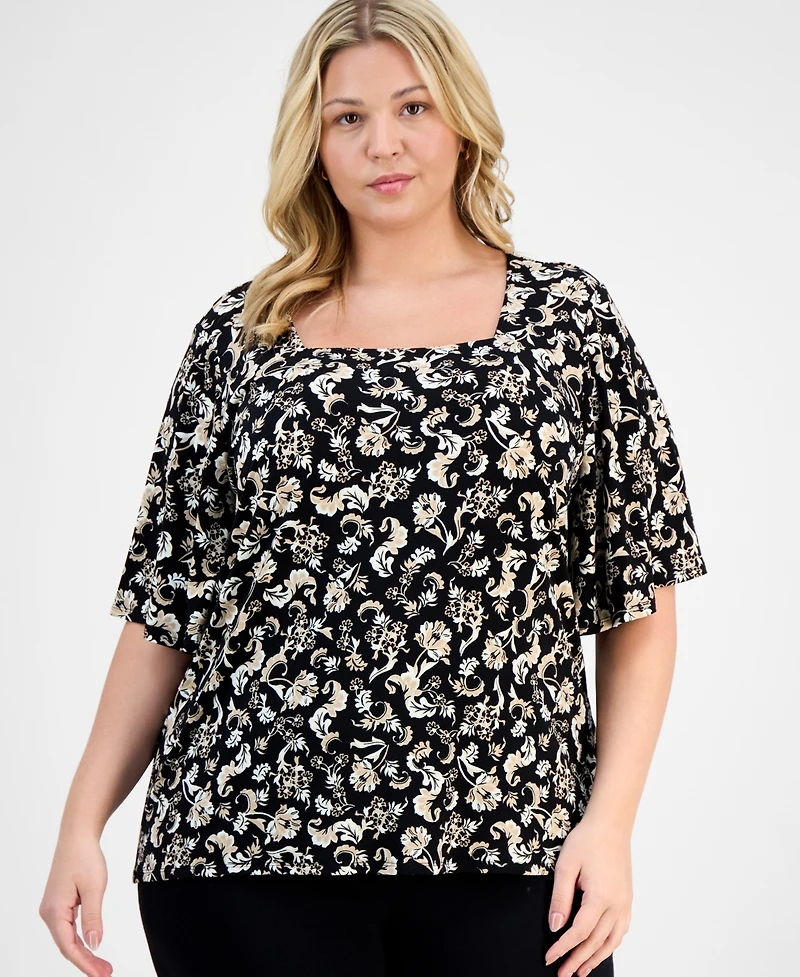 Jm Collection Plus Printed Flutter-Sleeve Top, Exclusively at Macy's