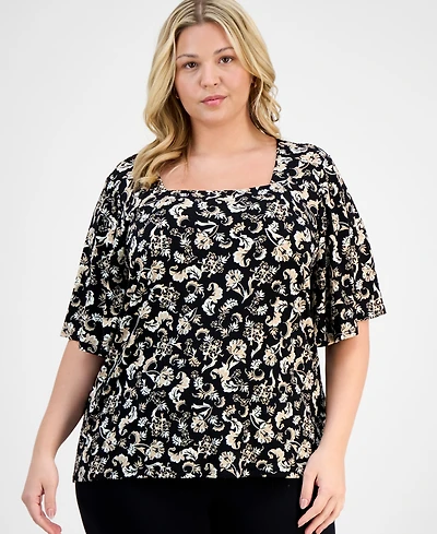 Jm Collection Plus Printed Flutter-Sleeve Top, Exclusively at Macy's