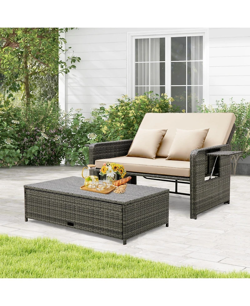 Patio Wicker Loveseat Sofa with Multipurpose Ottoman and Retractable Side Tray