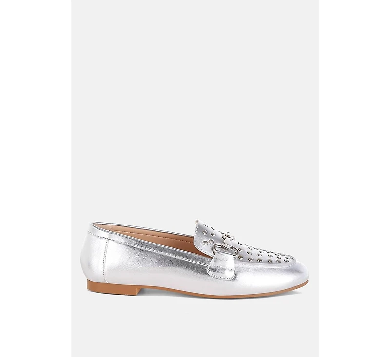 Estafa Horsebit & Studs Metallic Pleather Loafers Women
