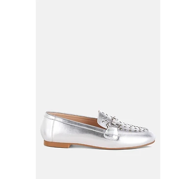 Estafa Horsebit & Studs Metallic Pleather Loafers Women
