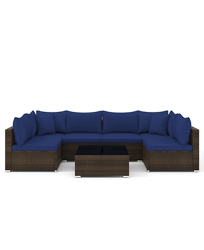 7 Pieces Patio Rattan Furniture Set with Sectional Sofa Cushions