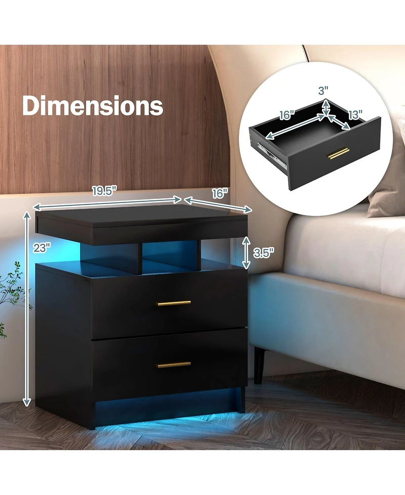 Led Nightstand with 2 Storage Drawers for Bedroom