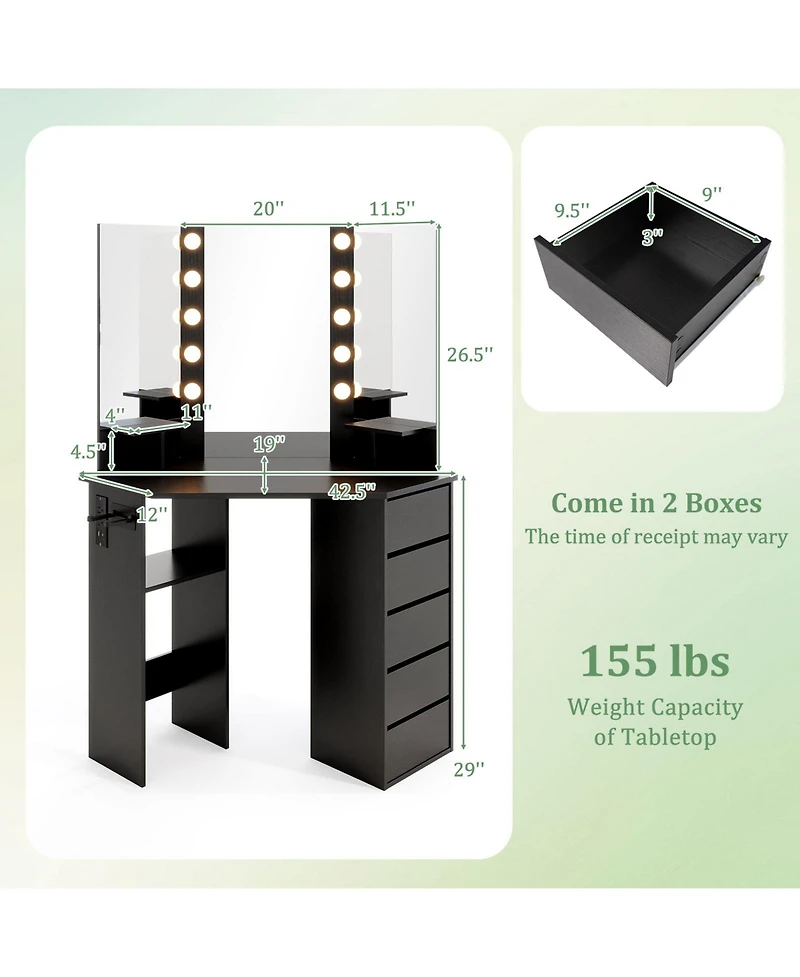 Corner Vanity Desk with 3-Color Led Lighted Mirror & Power Outlet Stylish Makeup for Bedroom