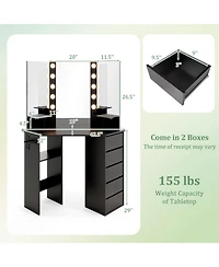 Corner Vanity Desk with 3-Color Led Lighted Mirror & Power Outlet Stylish Makeup for Bedroom