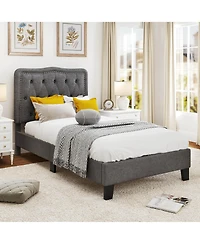 Twin Size Bed Frame with 46" Tall Button Tufted Headboard Wooden Slats Support