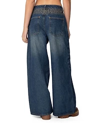Edikted Womens Gwen Leopard Detail Low Rise Jeans