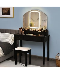 Vanity Table Stool Set with Large Tri-folding Lighted Mirror