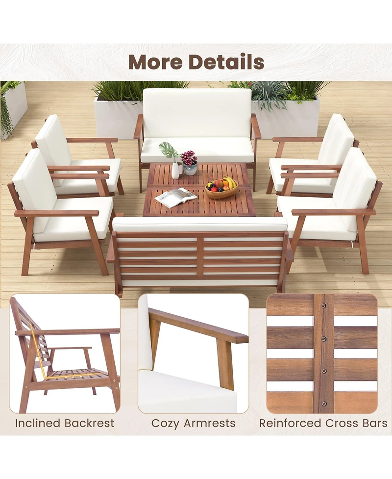 Gymax 8PCS Conversation Set Acacia Wood Sofa Coffee Table w/ Cushioned Seat Patio