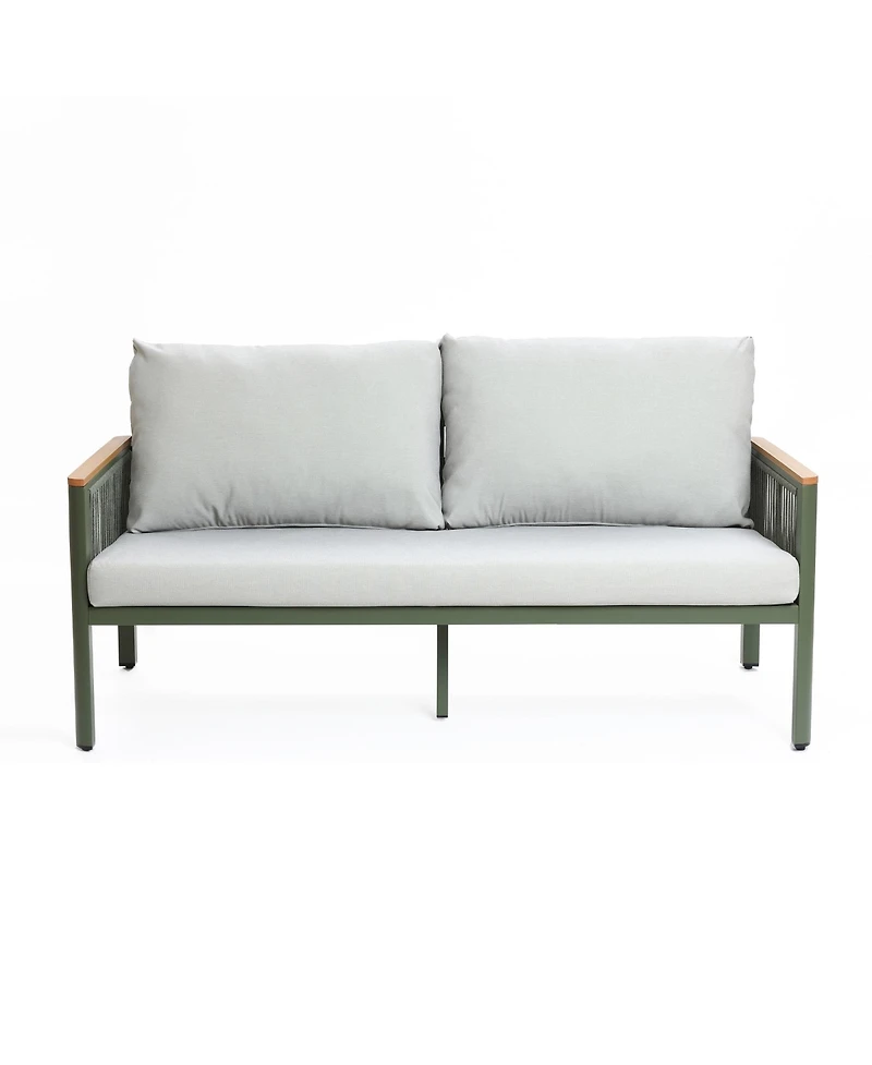 LuxenHome Outdoor Aluminum with Wood-Style Plastic Loveseat Sofa with Cushions and Coffee Table Set