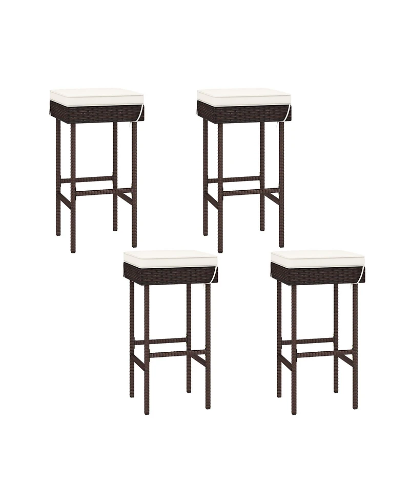 Patio Rattan Barstools Set of 4 with Footrest and Soft Cushions for Backyard Balcony