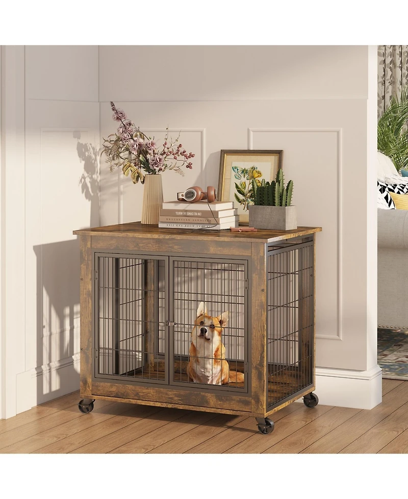 Furniture Style Dog Crate Side Table on Wheels with Double Doors and Lift Top. Rustic Brown