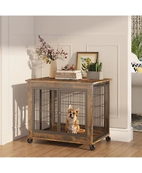 Furniture Style Dog Crate Side Table on Wheels with Double Doors and Lift Top. Rustic Brown