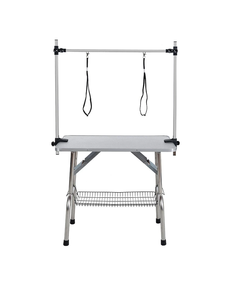 46" Folding Dog Pet Grooming Table Stainless Steel Frame Rubber Mat on Board with Adjustable Arm and Clamps pet dog Cat Grooming Table (Pink Color)
